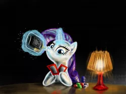 Size: 1024x768 | Tagged: alcohol, artist:xx-mr-no-name-xx, bottle, derpibooru import, jack daniels, magic, poker, rarity, safe, solo, whiskey