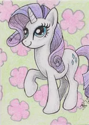 Size: 259x366 | Tagged: safe, artist:silverybeast, derpibooru import, rarity, pony, unicorn, female, flower, looking up, mare, signature, solo, traditional art