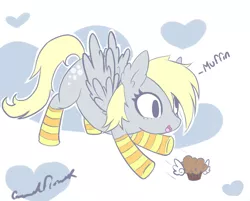 Size: 983x791 | Tagged: safe, artist:caramelflower, derpibooru import, derpy hooves, pegasus, pony, clothes, female, happy, mare, muffin, socks, solo, striped socks, that pony sure does love muffins