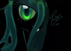 Size: 1111x796 | Tagged: dead source, safe, artist:caramelflower, derpibooru import, queen chrysalis, changeling, changeling queen, black background, bust, fangs, female, floppy ears, image, lidded eyes, looking at you, png, portrait, signature, simple background, slit eyes, smiling, solo