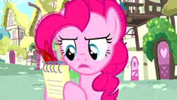 Size: 542x305 | Tagged: a friend in deed, animated, derpibooru import, notepad, pinkie pie, quill, safe, screencap, solo, talking, writing