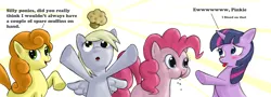 Size: 1500x540 | Tagged: safe, artist:rocketknightgeek, derpibooru import, carrot top, derpy hooves, golden harvest, pinkie pie, twilight sparkle, pegasus, pony, comic, female, mare