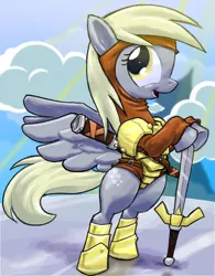 Size: 780x1000 | Tagged: safe, artist:rocketknightgeek, derpibooru import, derpy hooves, pegasus, pony, armor, female, mare, solo, sword