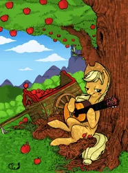 Size: 800x1078 | Tagged: apple, applejack, artist:gimoody, cart, derpibooru import, guitar, musical instrument, safe, sitting, solo, tree, wagon