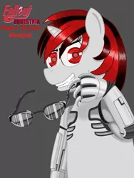 Size: 3750x5000 | Tagged: safe, artist:8aerondight8, derpibooru import, oc, oc:blackjack, unofficial characters only, cyborg, pony, unicorn, fallout equestria, fallout equestria: project horizons, fanfic, deal with it, fanfic art, female, hooves, horn, level 1 (project horizons), mare, smiling, solo, sunglasses, teeth, text