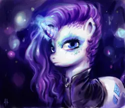 Size: 606x522 | Tagged: safe, artist:corpsecrow, derpibooru import, rarity, pony, unicorn, alternate hairstyle, clothes, fashion, magic, makeup, solo