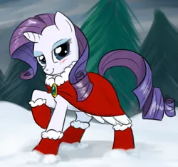 Size: 579x542 | Tagged: artist:naroclie, artist:tggeko, colored, derpibooru import, outfit, rarity, safe, snow, winter