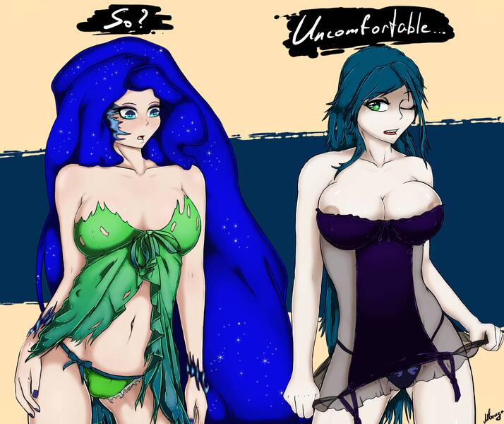 Size: 2500x2100 | Tagged: areola, artist:darkestmbongo, black underwear, breasts, clothes, clothes swap, derpibooru import, edit, female, females only, green underwear, high res, humanized, lingerie, nail polish, nightgown, nightmare moon, nipples, nudity, panties, queen chrysalis, questionable, ribbon, underwear