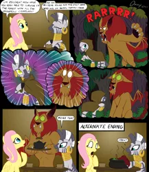 Size: 1200x1383 | Tagged: semi-grimdark, artist:omny87, derpibooru import, fluttershy, manny roar, zecora, manticore, pegasus, pony, zebra, comic, dead, death, hypnosis, slice of life, wide eyes