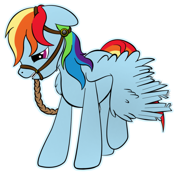 Size: 1660x1604 | Tagged: artist:zomgitsalaura, bit, bridle, clipped wings, dashed rainbow, derpibooru import, rainbow dash, sad, safe, simple background, solo, tack, transparent background