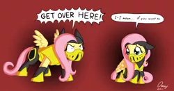 Size: 1000x524 | Tagged: safe, artist:omny87, derpibooru import, fluttershy, pegasus, pony, angry, armor, clothes, costume, crossover, cute, dialogue, female, floppy ears, glare, looking away, mortal kombat, prone, scorpion (mortal kombat), shyabetes, signature, solo, spread wings, wide eyes
