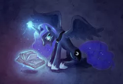 Size: 1041x706 | Tagged: artist:fra-92, book, derpibooru import, magic, princess luna, safe, sitting, solo