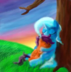 Size: 1267x1280 | Tagged: artist:syntheticearth, derpibooru import, hug, safe, scootaloo, tree, trixie