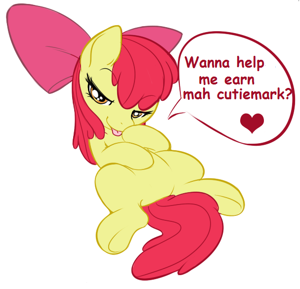 Size: 607x585 | Tagged: suggestive, artist:0r0ch1, derpibooru import, edit, apple bloom, earth pony, pony, bedroom eyes, bloom butt, bow, butt, comic sans, featureless crotch, female, filly, hair bow, heart, implied foalcon, looking at you, on back, presenting, simple background, smiling, solo, solo female, speech bubble, spread legs, spreading, tongue out, underhoof, white background