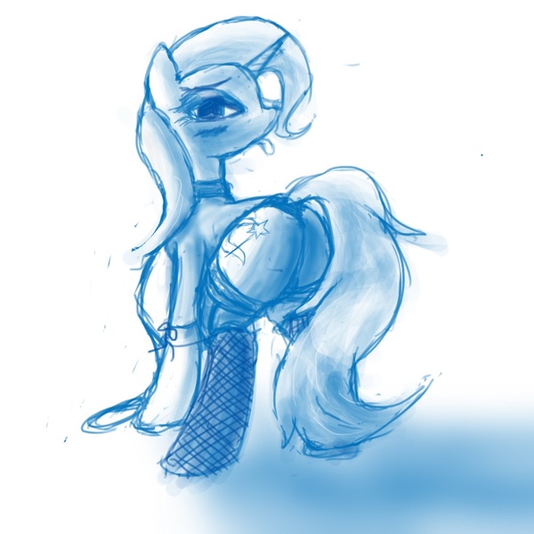 Size: 1000x1000 | Tagged: questionable, artist:syntheticearth, derpibooru import, trixie, pony, unicorn, clothes, collar, female, femsub, fishnets, leash, lingerie, mare, solo, solo female, submissive, the weak and powerless trixie