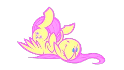 Size: 1280x720 | Tagged: safe, artist:lazy, derpibooru import, fluttershy, pegasus, pony, female, floppy ears, hooves to the chest, mare, on back, open mouth, simple background, solo, three quarter view, transparent background, wings