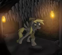 Size: 1552x1368 | Tagged: safe, artist:supersheep64, derpibooru import, derpy hooves, pegasus, pony, clothes, crossover, female, g4, indiana jones, mare, solo, spikes, trap (device)
