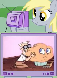 Size: 563x771 | Tagged: safe, derpibooru import, derpy hooves, pony, dexter's dad, dexter's laboratory, exploitable meme, food, meme, muffin, tv meme