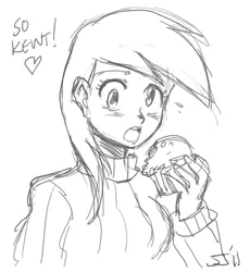 Size: 900x978 | Tagged: artist:johnjoseco, derpibooru import, derpy hooves, eating, food, grayscale, human, humanized, monochrome, muffin, safe, solo