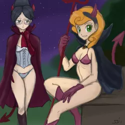 Size: 900x900 | Tagged: artist:johnjoseco, background pony, boots, bottomless, bra, breasts, busty carrot top, cape, carrot top, clothes, colored, color edit, corset, costume, derpibooru import, devil, devil costume, devil horns, edit, exhibitionism, female, females only, glasses, gloves, golden harvest, gray underwear, grin, human, humanized, lingerie, looking at you, nightmare night, panties, public nudity, purple underwear, raven, ribbon, sitting, smiling, suggestive, underwear, writing desk
