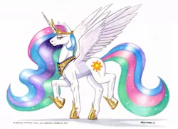 Size: 1115x813 | Tagged: artist:baron engel, bedroom eyes, derpibooru import, looking at you, princess celestia, raised hoof, raised leg, safe, smiling, solo, spread wings, traditional art