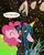 Size: 1171x1479 | Tagged: safe, artist:tarajenkins, derpibooru import, pinkie pie, queen chrysalis, changeling, changeling queen, pony, cupidite, clown nose, dialogue, duo, duo female, eyes closed, female, hat, image, jpeg, mare, party cannon, party hat, red nose, speech bubble, tumblr link