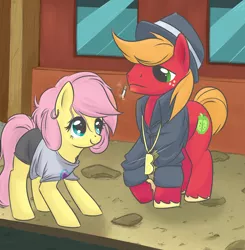 Size: 1376x1405 | Tagged: dead source, safe, artist:tex, derpibooru import, big macintosh, fluttershy, earth pony, pony, 80s, cigarette, clothes, duo, duo male and female, earring, female, fluttermac, hat, image, male, piercing, pimp, png, shipping, shirt, smoking, stallion, straight, t-shirt