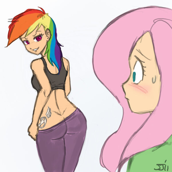 Size: 700x700 | Tagged: suggestive, artist:johnjoseco, color edit, derpibooru import, edit, fluttershy, rainbow dash, human, alternate cutie mark, ass, breasts, clothes, colored, costume, cutie mark on human, female, flutterdash, humanized, leggings, lesbian, midriff, shadowbolt dash, shadowbolts, shadowbolts costume, shipping, sports bra, tattoo, undressing, wide hips, yoga pants