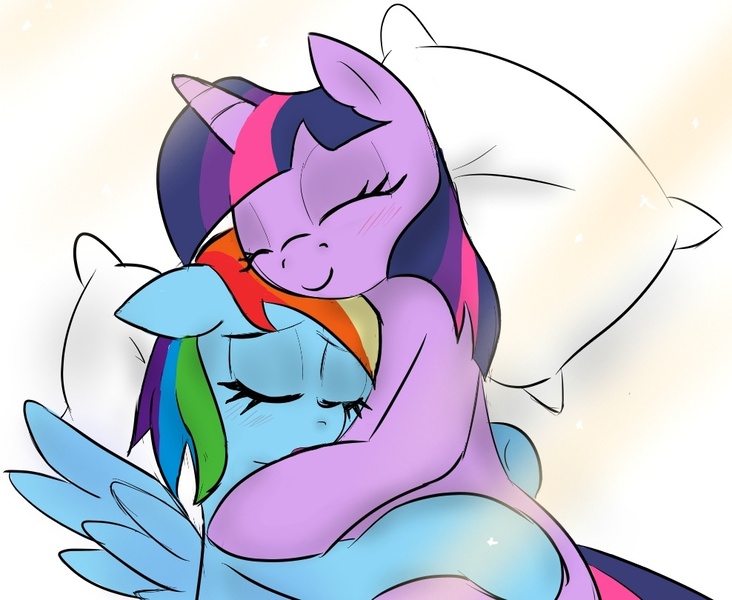 Size: 988x810 | Tagged: safe, artist:sweethd, derpibooru import, rainbow dash, twilight sparkle, blushing, cuddling, female, lesbian, pillow, shipping, smiling, twidash