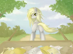 Size: 1699x1278 | Tagged: safe, artist:v-invidia, derpibooru import, derpy hooves, pegasus, pony, bedroom eyes, featureless crotch, female, looking at you, looking back, mail, mare, plot, presenting, raised tail, smiling, solo