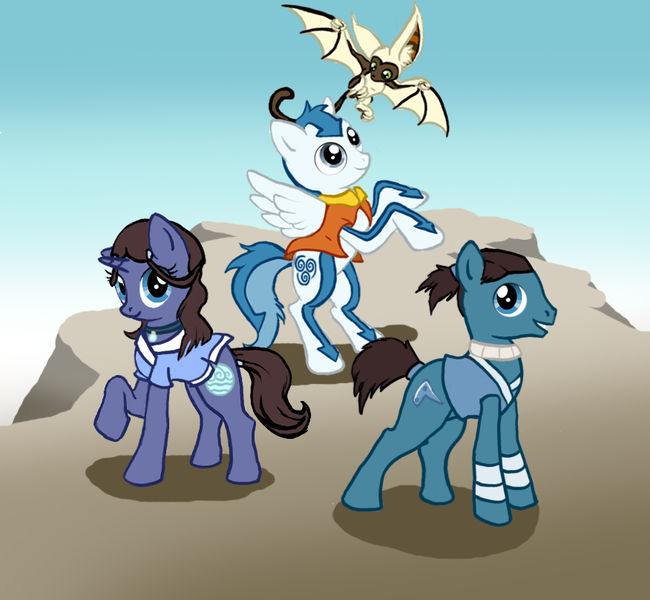 Size: 876x808 | Tagged: safe, artist:bedupolker, derpibooru import, ponified, pony, aang, avatar, avatar the last airbender, crossover, katara, momo, sokka