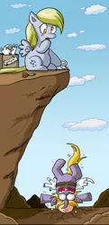 Size: 576x1194 | Tagged: safe, artist:xkappax, derpibooru import, derpy hooves, dinky hooves, pegasus, pony, unicorn, :o, bandaid, bump, cliff, curved horn, derp, equestria's worst mother, fake wings, falling, female, filly, flying lesson, head lump, horn, mare, open mouth, ouch, scissors, shivering, sitting, spread wings, tape, wings