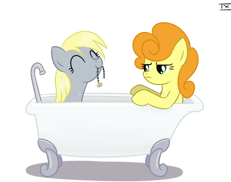 Size: 1000x786 | Tagged: safe, artist:tex, banned from derpibooru, deleted from derpibooru, derpibooru import, carrot top, derpy hooves, golden harvest, pegasus, pony, bath, bathtub, claw foot bathtub, eyes closed, female, image, mare, mouth hold, plug, png