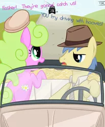 Size: 825x1000 | Tagged: artist:tex, bonnie and clyde, car, car chase, daisy, daisygrape, derpibooru import, female, flower wishes, goldengrape, hat, male, parody, safe, shipping, sir colton vines iii, straight