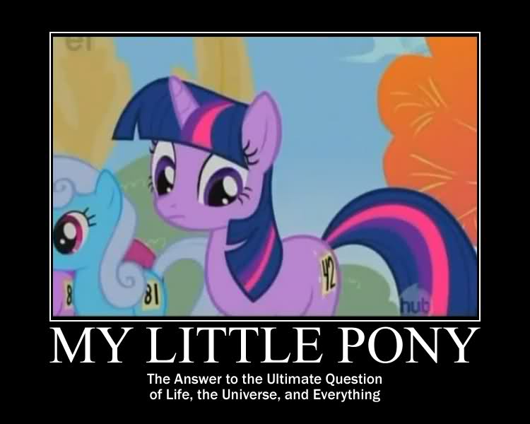 Size: 750x600 | Tagged: 42, berry punch, berryshine, demotivational poster, derpibooru import, fall weather friends, hitchhiker's guide to the galaxy, hub logo, linky, meme, safe, screencap, shoeshine, twilight sparkle