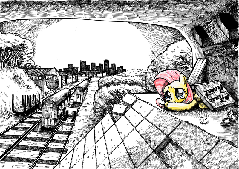 Size: 4925x3490 | Tagged: abandoned, artist:smellslikebeer, black and white, bygone civilization, crosshatch, derpibooru import, earth, fluttershy, grayscale, implied apocalypse, ink, monochrome, neo noir, partial color, pizza planet, sad, semi-grimdark, skyline, solo, toy story, traditional art, train