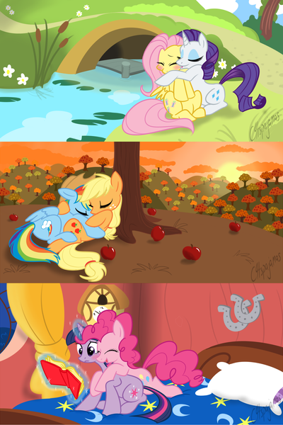 Size: 1500x2250 | Tagged: safe, artist:calicopikachu, derpibooru import, applejack, fluttershy, pinkie pie, rainbow dash, rarity, twilight sparkle, apple, appledash, bed, blushing, bridge, cuddling, cute, eyes closed, female, flarity, frown, hug, hug from behind, kissing, lesbian, magic, mane six, on back, open mouth, prone, reading, river, shipping, sitting, sleeping, smiling, snuggling, stream, telekinesis, tree, twinkie, under the tree