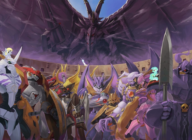 Size: 1500x1096 | Tagged: safe, derpibooru import, derpy hooves, rarity, pegasus, pony, alphamon, craniamon, craniumon, digimon, duftmon, dukemon, dynasmon, examon, female, gallantmon, kentaurosmon, leopardmon, lordknightmon, magnamon, mare, omegamon, omnimon, royal knights, sleipmon, ulforceveedramon