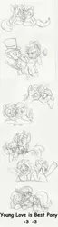 Size: 451x1767 | Tagged: safe, artist:enigmaticfrustration, derpibooru import, apple bloom, diamond tiara, dinky hooves, liza doolots, petunia, pipsqueak, scootaloo, silver spoon, snails, snips, spike, sweetie belle, tootsie flute, twist, blushing, female, heart, kissing, lesbian, male, monochrome, rainy feathers, scootabloom, shipping, silvertiara, snailstwist, spikebelle, straight, traditional art