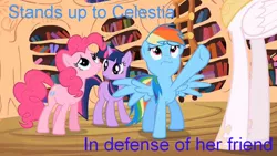 Size: 960x540 | Tagged: blue text, derpibooru import, edit, edited screencap, image macro, lesson zero, pinkie pie, princess celestia, rainbow dash, safe, screencap, twilight sparkle