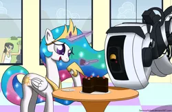 Size: 2300x1500 | Tagged: artist:seriousarthos, cake, cakelestia, chell, crossover, derpibooru import, glados, lyra heartstrings, portal (valve), princess celestia, safe, the cake is a lie