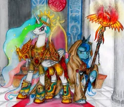 Size: 900x777 | Tagged: safe, artist:salahir, derpibooru import, princess celestia, princess luna, alicorn, phoenix, pony, armor, colored pencil drawing, crossover, duo, empress, female, god empress of ponykind, god-emperor of mankind, hoof shoes, malcador the sigillite, mare, psyker, robes, royal sisters, sisters, staff, this will end in death, this will end in tears, this will end in tears and/or death, traditional art, warhammer (game), warhammer 40k