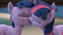 Size: 910x503 | Tagged: suggestive, artist:twily404, derpibooru import, twilight sparkle, changeling, pony, unicorn, 3d, clone, disguise, disguised changeling, eyes closed, female, kissing, lesbian, selfcest, shipping, source filmmaker, twitwi, twolight, video at source