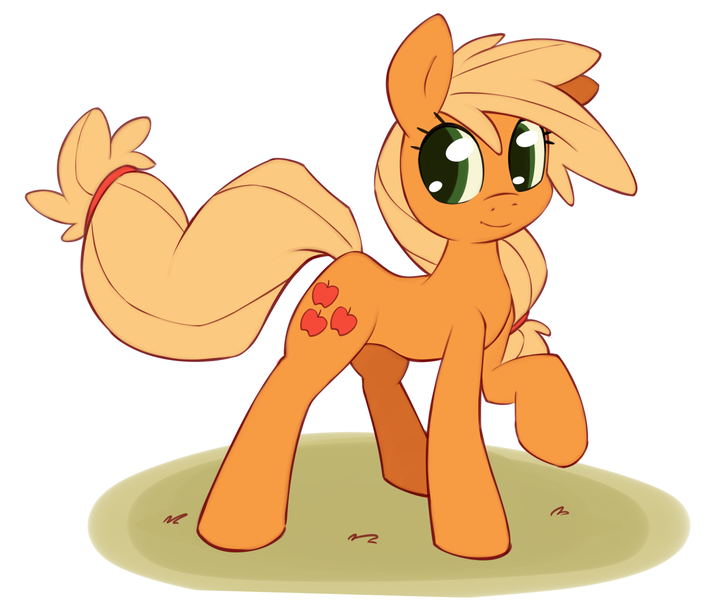 Size: 1222x1035 | Tagged: dead source, safe, artist:grumblepluck, derpibooru import, applejack, earth pony, pony, female, hatless, mare, missing accessory, raised hoof, simple background, smiling, solo