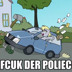 Size: 600x600 | Tagged: artist needed, safe, artist:madmax, derpibooru import, edit, derpy hooves, pegasus, pony, car, derpy driving, destruction, driving, female, fiat, fiat uno, fuck the police, house, image macro, mail, mailbox, mailmare, mare, meme, pure unfiltered evil, solo, trash can, tree, vulgar