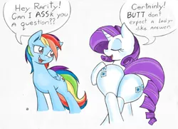 Size: 1280x925 | Tagged: suggestive, artist:joey darkmeat, artist:kimbawest, derpibooru import, rainbow dash, rarity, pony, unicorn, colored, comedy, conversation, plot, pun, rearity, simple background, the ass was fat