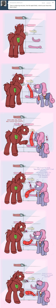 Size: 641x3516 | Tagged: questionable, artist:carnifex, derpibooru import, big macintosh, oc, oc:velvet, earth pony, pony, ask velvet, ask, comic, dildo, grimdark big mac, male, sex toy, stallion