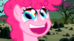 Size: 420x236 | Tagged: animated, derpibooru import, eye reflection, filly, filly pinkie pie, frown, pinkie pie, rainbow, reflection, reversed, rock farm, safe, screencap, solo, the cutie mark chronicles