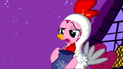 Size: 530x298 | Tagged: animal costume, animated, bag, bipedal, chicken suit, clothes, costume, derpibooru import, luna eclipsed, nightmare night costume, pinkie pie, safe, screencap, solo