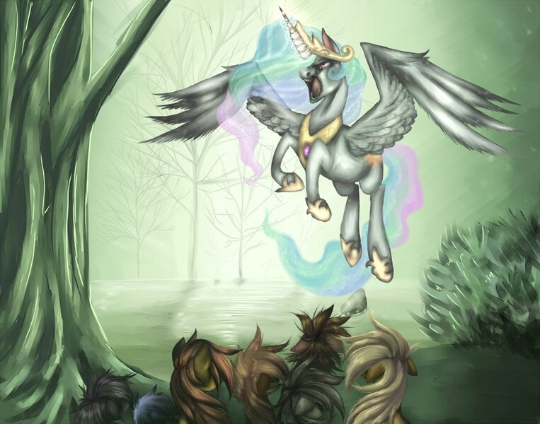 Size: 900x708 | Tagged: angry, artist:coffeechicken, derpibooru import, everfree forest, grimdark, princess celestia